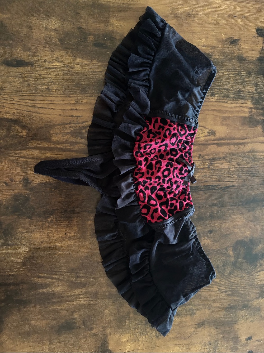 Ruffled Black Thong Panty with red Leopard Panel